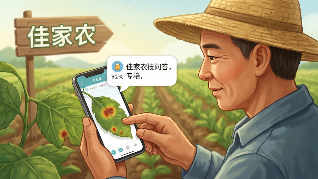 一张佳家农农技问答界面插画,画面中一位农户拿着手机拍摄叶片病斑,手机屏幕上弹出专家回复气泡,背景是田间地头,远处有“佳家农”字样的指示牌,风格写实温暖,布局自然,细节丰富,画质清晰干净,无多余元素