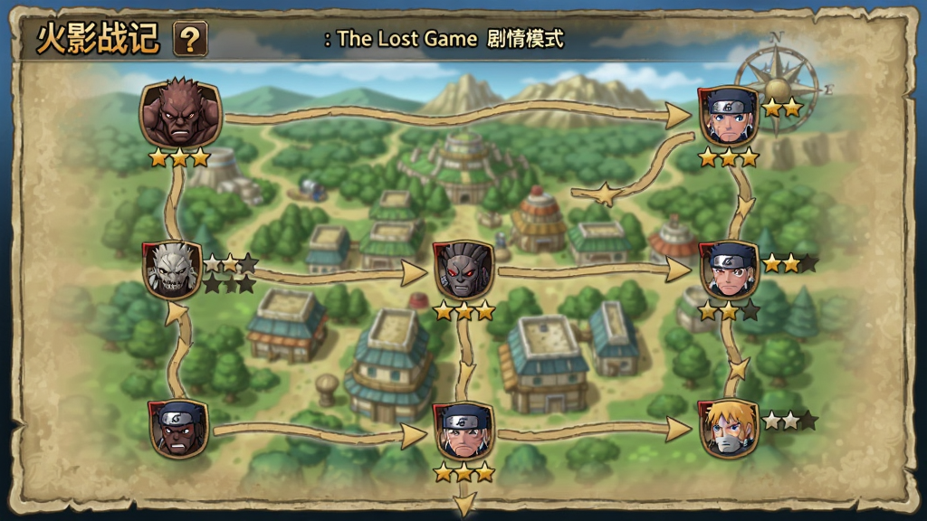 ��Ӱս�� : The Lost Game ����ģʽ��ͼ���棬����չʾľҶ��ȫ����ͼ�ϱ�ע�Ŷ������ؿ��ڵ㣬���ֲ����������ʽ�Ű棬���Ϊ��ʽRPG����ѡ����棬ϸ�ڰ���ÿ���ڵ��ϵĵ���ͷ����ɶ��Ǽ������ѵ�·�����ӣ�������ͣ��ɾ����޶���Ԫ��