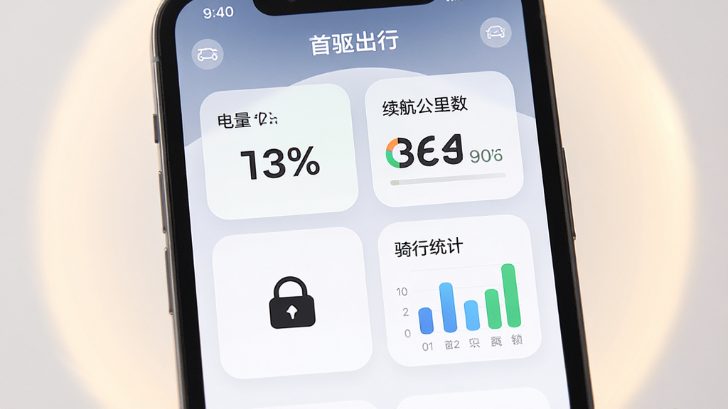 主体是手机屏幕特写,屏幕中展示“首驱出行”的车辆状态页面,页面以卡片布局呈现电量百分比、续航公里数、车辆锁定图标和骑行统计柱状图。布局为居中对称,四周有柔和的浅色背景光晕。风格为现代UI展示风,细节上强调图标的圆润感和数字的清晰度,画质高清,画面干净,无多余元素