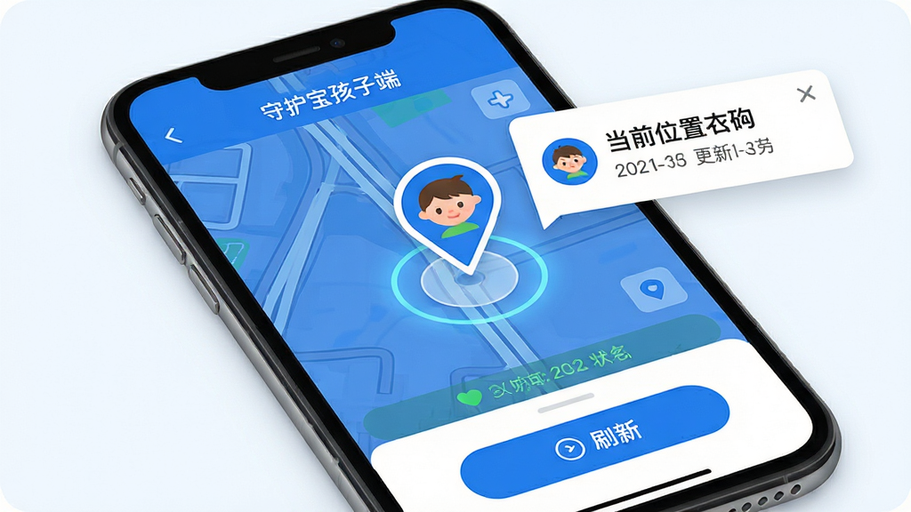 �ػ������Ӷ�ʵʱλ�ò鿴���ܽ��棬�������ֻ���ͼΪ��������ͼ�ϱ�עһ������ͷ��λͼ�꣬�Ա߸�����ʾ��ǰλ�����������ʱ�䣬�ײ���ˢ�°�ť����������ˬ�ִ���ɫ��������Ϊ����ϸ�ڰ�����ͼ��·��������λ��Ȧ��״̬��ʾ�������ʸ���ɾ��޶���Ԫ��