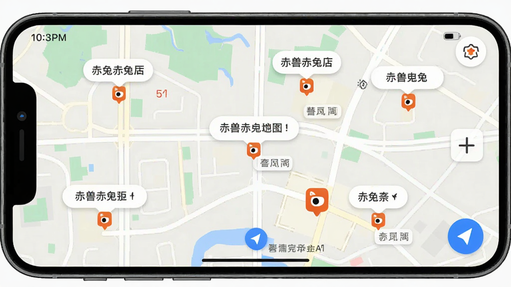 一张展示怪兽赤兔APP地图找店功能的界面截图,主体为手机屏幕上的地图界面,上面分布着多个充电宝图标标记点,布局为全屏地图展示,风格为简洁明了的UI设计风格,细节包括地图道路、商家名称气泡、距离显示、导航按钮,画质高清,干净,无多余元素。
