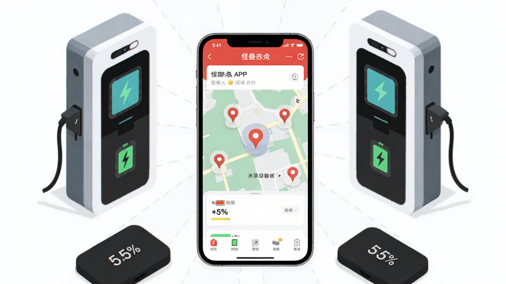 一张展示怪兽赤兔APP核心功能的宣传图,主体为一部智能手机屏幕显示怪兽赤兔APP的地图找店界面,周围环绕着共享充电宝机柜和充电宝实物,布局采用中心放射式构图,排版清晰,风格为现代科技感扁平插画,细节包括手机界面上的地图标记点、充电宝图标、电量百分比数字,画质高清,干净,无多余元素。