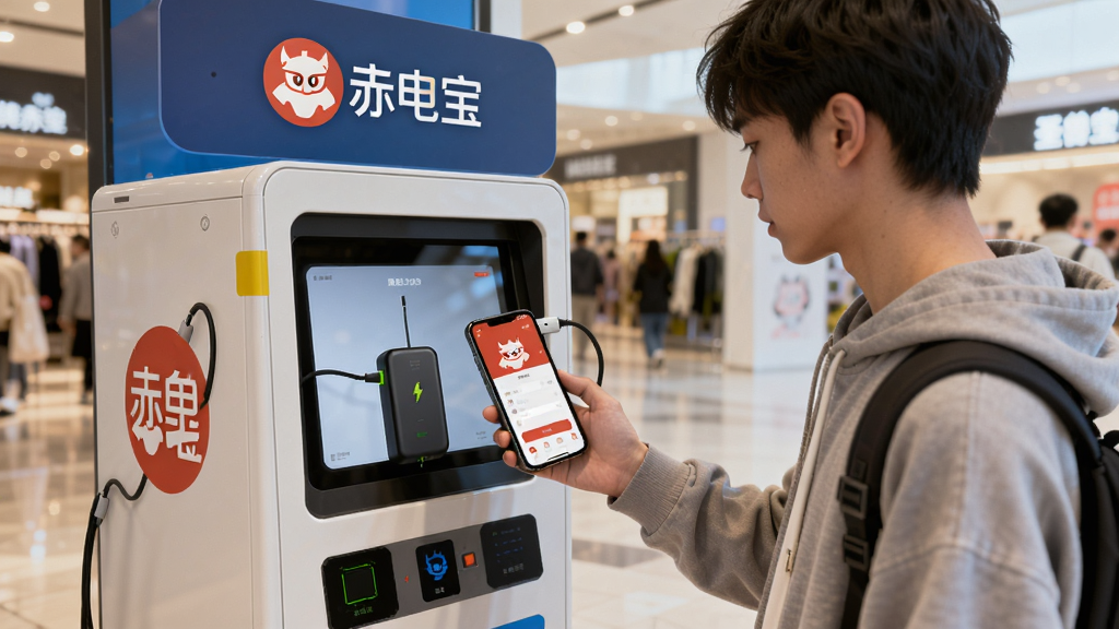 一张展示用户在户外使用怪兽赤兔APP租借充电宝的实景图,主体为一位年轻人站在商场内的怪兽充电宝机柜前,手持手机正在操作,布局为竖版构图,风格为明亮写实生活照,细节包括机柜上的怪兽赤兔标识、手机屏幕上的租借界面、周围商场环境,画质高清,干净,无多余元素。