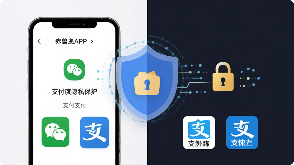 一张展示怪兽赤兔APP支付安全与隐私保护概念的示意图,主体为手机屏幕上的支付成功界面与盾牌安全图标,布局为左右分栏对比,风格为现代扁平化设计,细节包括微信支付图标、支付宝图标、锁形安全符号、加密数据流线条,画质高清,干净,无多余元素。