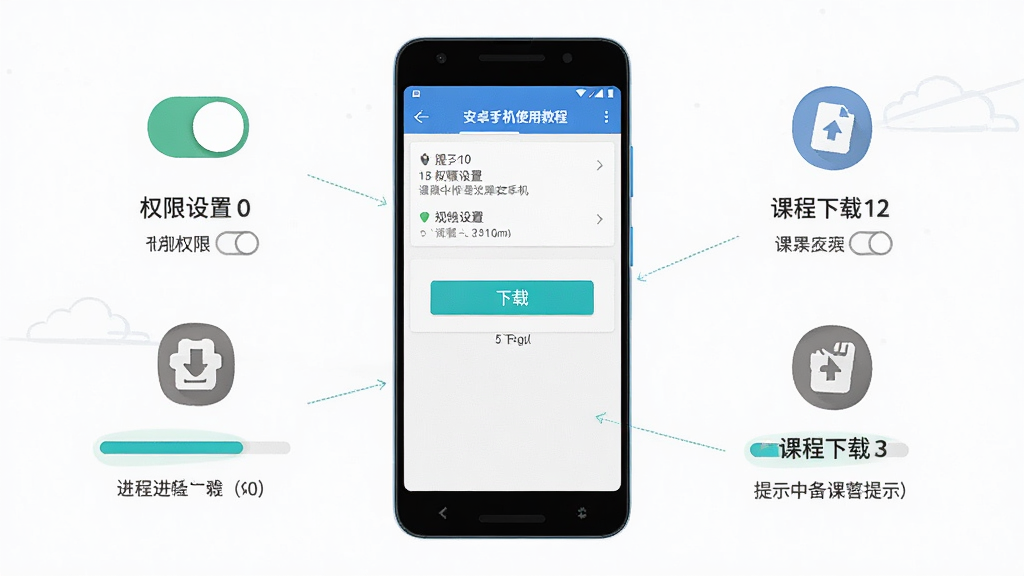 SuperChinese��׿�ֻ�ʹ�ý̳�ʾ��ͼ������Ϊ�ֻ���Ļ��ʾȨ�����úͿγ����ؽ��棬����Ϊ����չʾ�ֻ��������裬�Ű�Ϊ�ֲ���ͼ��������˵�������Ϊ���̷̳��ϸ�ڰ���Ȩ�޿��ء����ذ�ť������������ʾ���֣����ʸ��塢����ɾ����޶���Ԫ��