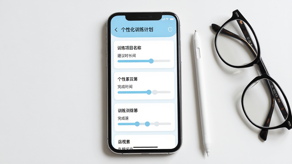 弱视训练会员版个性化训练方案界面预览图,画面主体为手机屏幕,屏幕内展示个性化训练计划列表,包含训练项目名称、建议时长、完成进度条,界面配色为浅蓝与白色搭配,风格清新简约,屏幕旁边有一支触控笔和一副眼镜,布局居中,细节清晰,画质高清,干净无多余元素
