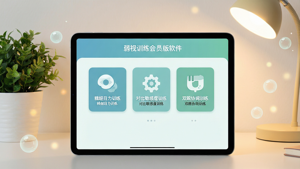 一张展示弱视训练会员版软件主界面的图片,画面中央是平板电脑或手机屏幕,屏幕上显示弱视训练会员版的训练模块选择界面,包含精细目力训练、对比敏感度训练、双眼协调训练等图标,界面风格清新柔和,以蓝绿色调为主,屏幕周围有护眼元素如绿色植物、柔和灯光,整体布局简洁有序,风格为现代扁平化UI设计,细节上屏幕内文字清晰可辨,画质高清,干净无多余元素
