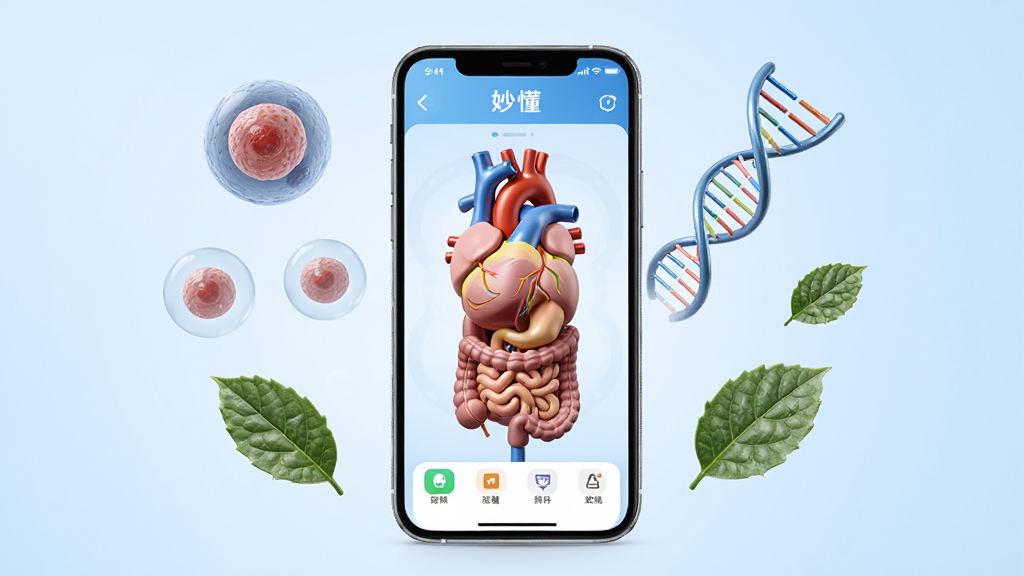 ��������չʾһ�������ֻ�����Ļ�ڳ��������APP��3D��������ģ�ͽ��棬��Χ����ϸ����DNA˫������ֲ��ҶƬ������Ԫ�أ�����Ϊ��͵�ǳ��ɫ���䣬���ֲ��þ��й�ͼ�����Ϊ�ִ������Ƽ��磬ϸ�ڰ���������UIͼ�������ģ�����������ʸ��壬�ɾ����޶���Ԫ��