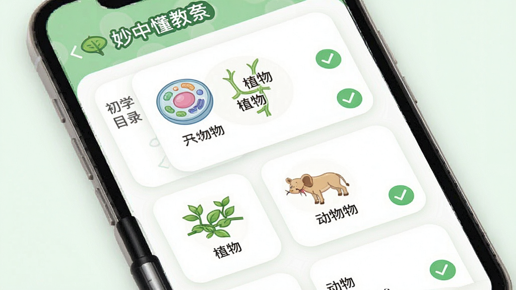 �����APPѧϰ���棬��Ļ��ʾ��������̲�Ŀ¼��֪ʶ�㿨Ƭ�б�����Ƭ����ϸ����ֲ������ͼ�꣬����Ϊ��ɫ��ǳ��ɫ���䣬����Ϊ�����б������Ϊ����ѧϰ�磬ϸ�ڰ�����ƬԲ�Ǻ͹�ѡ״̬�������������ɾ����޶���Ԫ��