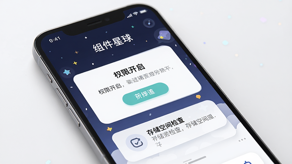 一张展示组件星球新手操作步骤的示意图,主体是手机屏幕,屏幕上显示“组件星球”的安装引导页面,包含权限开启提示和存储空间检查提示,界面排版清晰,风格友好,细节精致,画质高清,干净,无多余元素。