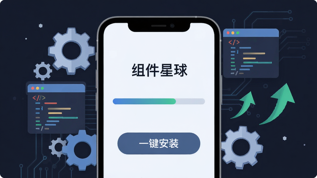 一张展示组件星球一键安装功能的示意图,主体是手机屏幕特写,屏幕上显示“组件星球”的安装进度条和“一键安装”按钮,周围环绕着齿轮、代码块、更新箭头等科技元素,布局居中,风格扁平化科技风,细节清晰,画质高清,干净,无多余元素。