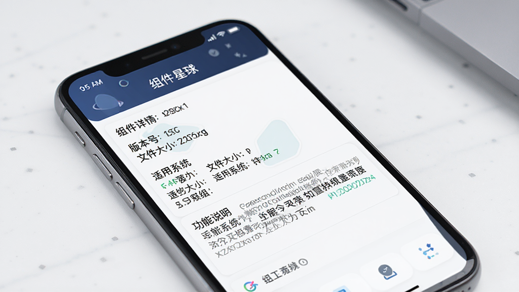 一张展示组件星球信息查看界面的概念图,主体是手机屏幕,屏幕上显示“组件星球”的组件详情页,包含版本号、文件大小、适用系统、功能说明等文字信息,界面排版整齐,风格简洁商务,细节清晰,画质高清,干净,无多余元素。