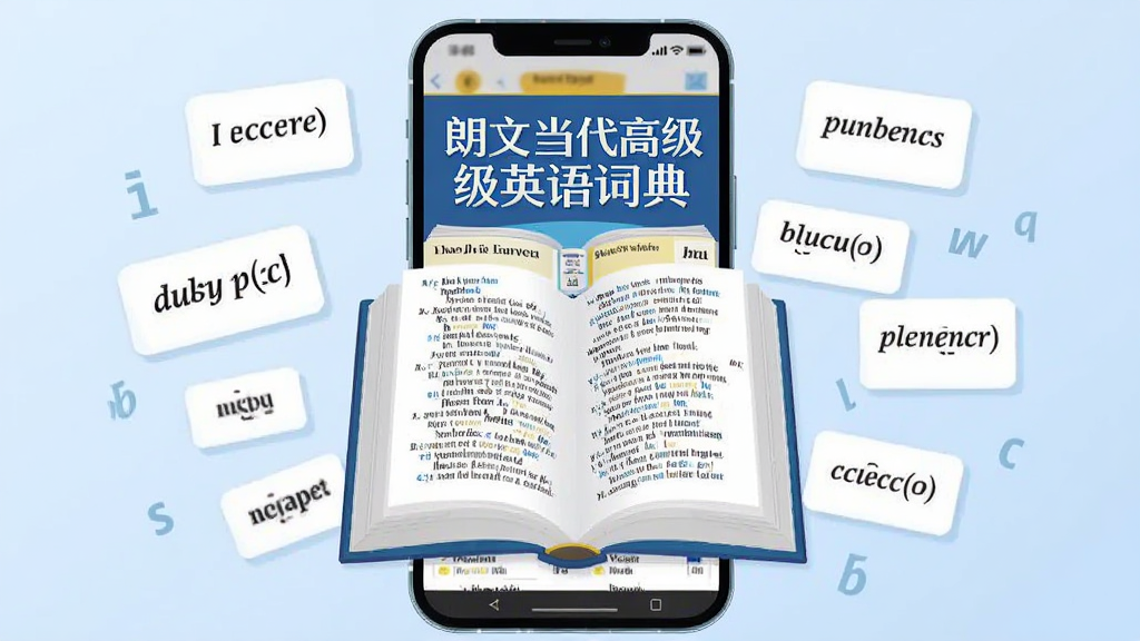 一部智能手机屏幕中央显示着一本打开的英文词典界面,词典上方有