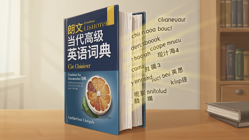 一本厚重的英文词典立在书桌上,词典封面写着