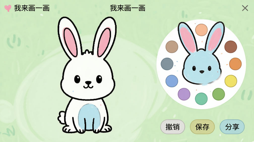 һ�š�������һ����������Ϳɫ���棬��������һֻδ��ɫ�Ŀ�ͨС�����߸壬�Ҳ���Բ�ε�ɫ�̣��Ѿ�Ϳ�õĶ����Ƿ�ɫ��������ǳ��ɫ���·��С������������桱����������ť������Ϊ����ɫ�������ͣ��������࣬�����������޶���Ԫ��