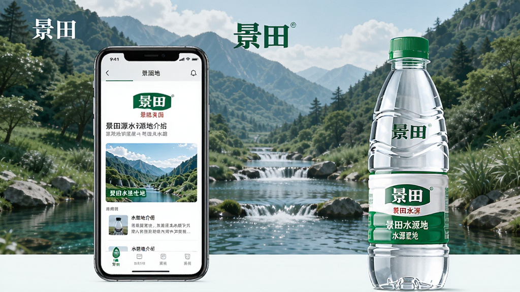 ����ˮԴ��չʾ���棬��������Ϊ�ֻ���Ļ��ʾ����Ӧ���ڵ�ˮԴ�ؽ���ҳ�棬��Ļ�Ա߷���һƿ�����Ȫˮ������ΪɽȪˮԴ����Ȼ��⣬������д��