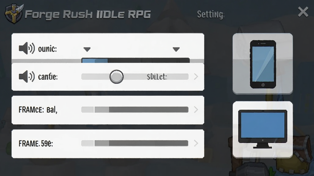 Forge Rush - Idle RPG ��Ϸ���ý����ͼ������չʾ���������ʡ�֡�ʵ�ѡ��Ա����ֻ��͵��Ե�ͼ�꣬����࣬�����������ɾ����޶���Ԫ��