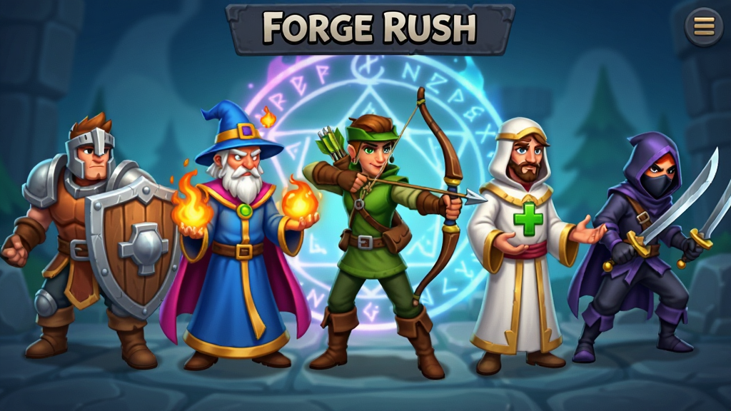 Forge Rush - Idle RPG Ӣ����ļ���棬����չʾ��λ��ְͬҵ��Ӣ��վ��һ�ţ������ҷֱ��ǳֶ�սʿ������ʦ������������������ʦ��˫���̿ͣ�������ħ���󣬷��ŷ����ͨ�����ʸ��壬�ɾ����޶���Ԫ��