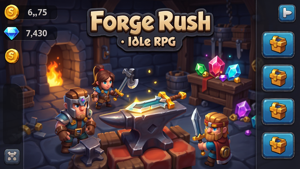 һ��չʾ Forge Rush - Idle RPG ��Ϸ������ĺ������ͼ������������һ�����ֵ������̣������Ϸ��ŷ������������Χ�м�λ��ͨ����Ӣ�۽�ɫ�������ǵ�����ں���˸�ı�ʯ�����岼�������ʾ��Һ���ʯ�������Ҳ���������ť���Ű����������Ϊŷ����ͨ��ã�ϸ�ڰ�����������Ч���ͽ����ʸУ����ʸ��壬�ɾ����޶���Ԫ��
