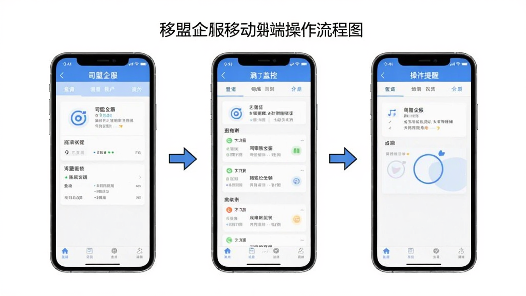 司盟企服 移动端操作流程图,主体为手机屏幕分步截图,布局为从左到右三个手机界面展示查询、监控、提醒步骤,背景为白色,风格为清晰教程风,细节包括箭头指示与文字标注,画质清晰,干净,无多余元素
