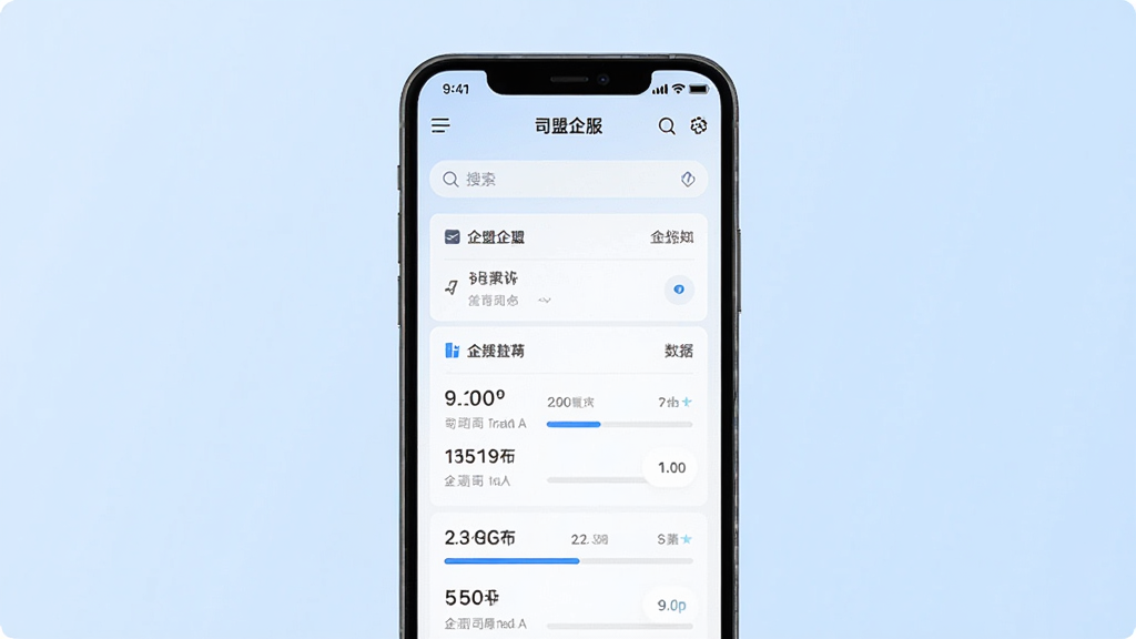 司盟企服 手机应用界面展示,主体为一部智能手机,屏幕中显示企业信息查询结果列表与数据卡片,布局为居中放置手机,背景为浅蓝色渐变,排版简洁,风格为现代扁平化科技风,细节包括图标、搜索框、数据条,画质清晰,干净,无多余元素