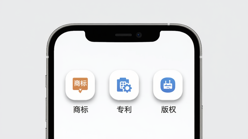 司盟企服 知识产权服务入口界面,主体为手机屏幕,屏幕中显示商标、专利、版权三个功能图标并列排列,布局为手机居中,背景为浅灰色,风格为清爽素雅,细节包括图标阴影与文字标签,画质清晰,干净,无多余元素