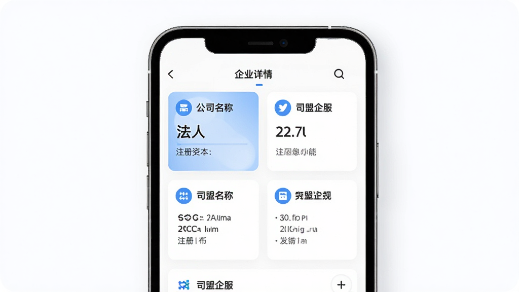 司盟企服 企业信息查询功能展示图,主体为手机屏幕特写,屏幕中显示企业详情页面,包含公司名称、法人、注册资本等信息卡片,布局为手机居中,背景为柔和白色,风格为简约商务,细节包括数据高亮与图标,画质清晰,干净,无多余元素