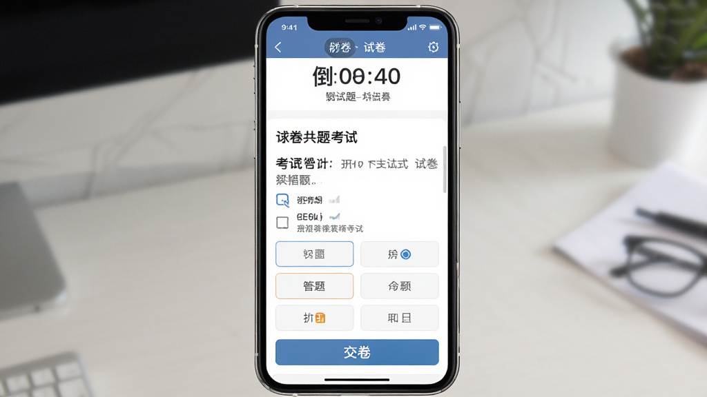 ����ͨģ�⿼�Խ��棬����Ϊ�ֻ���Ļ��ʾ����ʱ���Ծ���Ŀ����⿨�������Ϸ�Ϊ��ʱ�����м�Ϊ��Ŀ�����·�Ϊѡ�ť���Ű����������Ϊ��Լ����磬ϸ�ڰ���������ʾ�뽻����ť�����ʸ��壬�ɾ����࣬�޶���Ԫ��