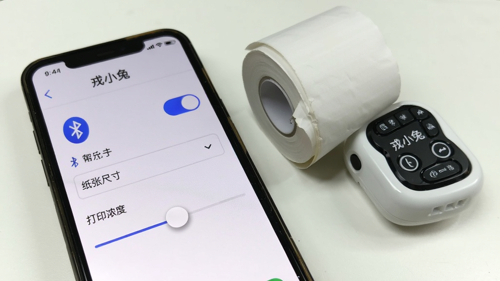 手机屏幕显示“戎小兔”打印设置页面,页面中有蓝牙开关、纸张尺寸下拉框、打印浓度滑块,手机旁边放着一卷热敏纸和一台迷你打印机,背景为白色桌面,画面中有“戎小兔”字样,细节包括滑块高光、纸张卷曲边缘、打印机按键纹理,画质清晰,干净,无多余元素