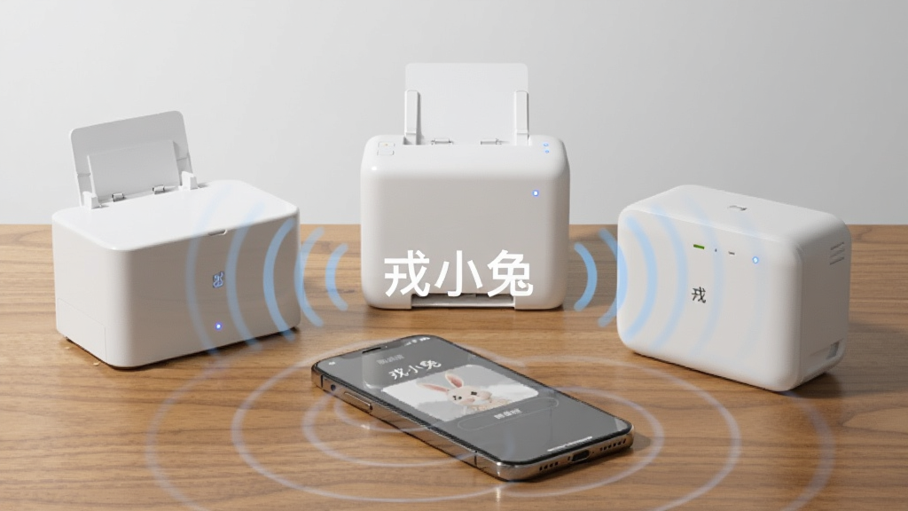 一部手机放在木质桌面上,屏幕显示“戎小兔”设备搜索界面,周围环绕着三台不同型号的白色便携打印机,蓝牙信号波纹从手机向外扩散,背景为浅灰色极简风格,画面中央有“戎小兔”字样,细节包括手机屏幕反光、打印机指示灯微亮、桌面木纹清晰,画质干净,无多余元素