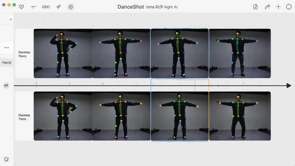һ��DanceShot���ܶ������빦�ܵ�ʾ��ͼ����������ʾ�����赸��Ƶ������Զ����뵽ͬһʱ�����ϣ������������Ǽܹؼ����ǣ�����Ϊǳ��ɫ�������������רҵ�������������޶���Ԫ��