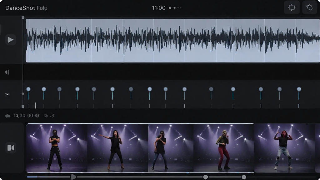 һ��DanceShot���ֽ��ı�ǹ��ܵĽ���չʾͼ����������ʾʱ�����Ϸֲ��ž��ȵĽ��ı�ǵ㣬�Ϸ������ֲ���ͼ���·����赸��Ƶ���������Ϊ��ɫ���⣬���רҵ��ϸ�����������ʸɾ����޶���Ԫ��