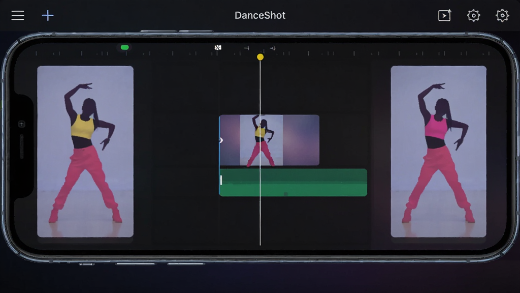 һ��չʾDanceShot����������ֻ���Ļ��ͼ�������������赸��Ƶ�༭�������������ֱ��д��Ų�ͬ��ɫ��װ�����߼�Ӱ���м��ж���ָʾ�ߣ�����Ϊ��ɫ���䣬����ִ��Ƽ��У�ϸ�����������ʸɾ����޶���Ԫ��