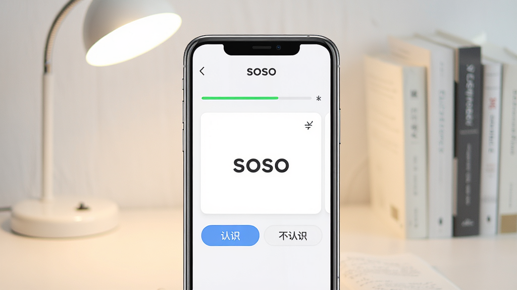һ��չʾsoso�����������������ͼƬ�������������ֻ���Ļ����Ļ����ʾ�ż��ĵ��ʿ�Ƭ���棬�Ϸ���ѧϰ���������·��С���ʶ���͡�����ʶ��������ť����������͵�������������̨�ƺͼ����飬���������������������������ɾ��޶���Ԫ��