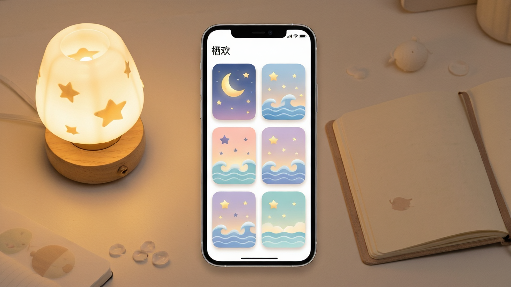 һ�š��ܻ���Ӧ���ڷ�Χ�����л����ܵĳ���ͼ����������Ϊ�ֻ���Ļ����Ļ��չʾ������ɫ�������⿨Ƭ�������У���Ƭ�������������ǡ����˵�װ��ͼ�����ֻ��Ա߷���һյСҹ�ƺ�һ�������ıʼǱ������ּ����У������ů������ϸ�ڰ�����ƬԲ�ǡ����ͶӰ��ϸ��Ľ���ɫ�ʣ����ʸɾ��������޶���Ԫ�ء�