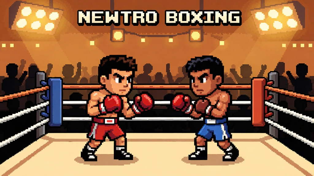 Newtro Boxing��Ϸ�����棬����Ϊ���ŷ��ȭ����̨��������ͨȭ�ֶ��ţ�����Ϊůɫ�������ݵƹ⣬���沼�־��жԳƣ��Ű������������Ϊ���ظ��ŷ磬ϸ�ڰ���ȭ�����ס���̨Χ��������ϯ��Ӱ�����ʸ���ɾ����޶���Ԫ��
