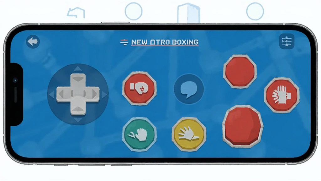 Newtro Boxing�ƶ��˲������棬����Ϊ�ֻ���Ļ������ҡ����ȭ����ť���֣��Ű�Ϊ���ҶԳƣ����Ϊ��ƽ��UI��ƣ�ϸ�ڰ���ֱȭͼ�ꡢ��ȭͼ�ꡢ���ܰ�ť���񵲰�ť�����ʸ���ɾ����޶���Ԫ��
