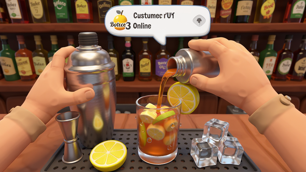 �������Boteco Online 3D�ĵ��Ʋ���������������һ˫��ͨ�����ڰ�̨�ϵ��Ƽ�β�ƣ���ǰ�ڷ���ҡ�ƺ���������������Ƭ�ͱ��飬�����ǾưɾƼܣ����������Ÿ�����ɫ�ľ�ƿ������Ϊ��һ�˳ƽ����ӽǣ��Ű�����Ļ�Ϸ���ʾ�˿Ͷ������ݣ����Ϊɫ�ʱ�����3D��ͨ��Ⱦ��ϸ�ڰ���Һ������Ч�������龧Ө�ʸС�����ˮ�飬����Ϊ���壬�ɾ��޶���Ԫ��