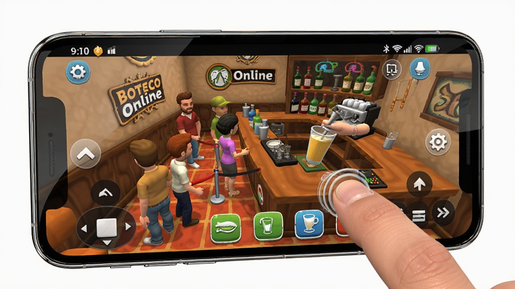 ����չʾBoteco Online 3D�ֻ��˲���������д��������һ�������ֻ���Ļ����Ļ����ʾ��Ϸ�ڵľưɾ�Ӫ���棬�й˿��ŶӺ͵��Ʋ�����ť������Ϊ�ֳ��ֻ��ĵ�һ�˳��ӽǣ��Ű�����Ļ��Ե�����ⰴ����״̬�������Ϊдʵ��Ʒչʾ���ϸ�ڰ����ֻ��߿򷴹⡢��Ļ����Ϸɫ�����ޡ���ָ���ض���������Ϊ���壬�ɾ��޶���Ԫ��