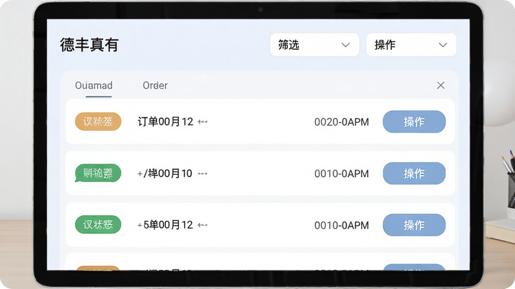 展示“德丰真有”订单管理界面,列表展示多条订单记录,每条记录左侧为状态标签,右侧为时间与操作按钮,顶部有筛选栏,整体风格简约,配色柔和,高清画质,无多余元素