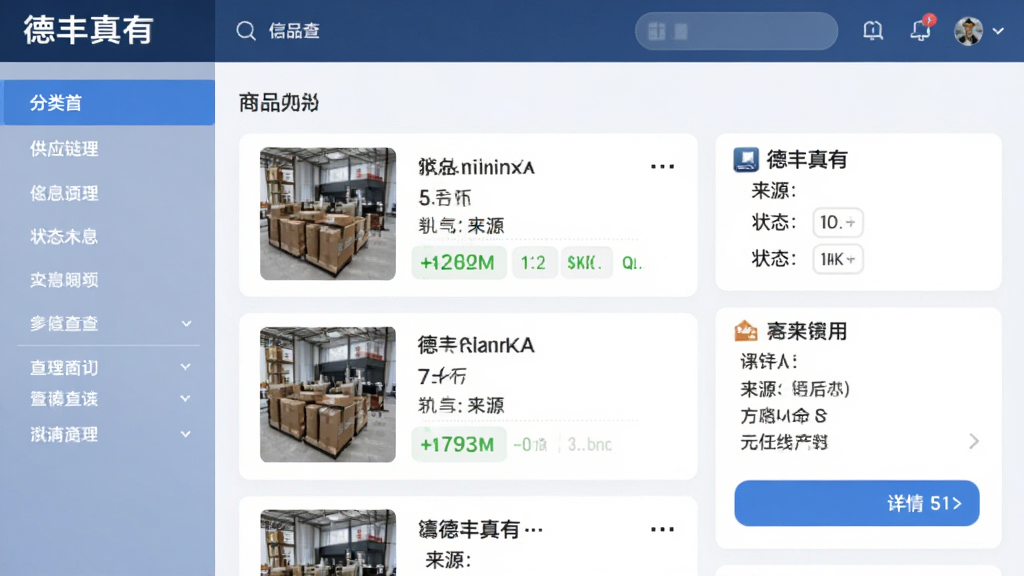 界面展示“德丰真有”供应链信息查询页面,左侧为分类导航,右侧为商品列表与详情卡片,卡片上标注来源、状态等字段,背景为浅色,风格商务简洁,排版整齐,高清画质,无多余元素