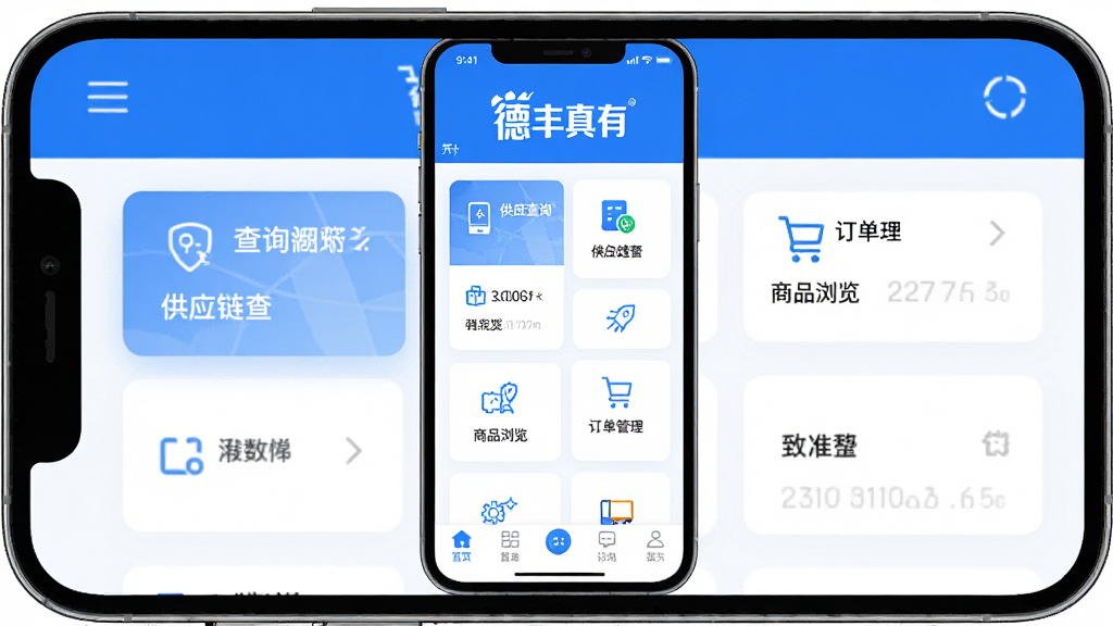 手机屏幕中央展示“德丰真有”应用主界面,顶部为品牌标识,中部为功能卡片式布局,包含供应链查询、商品浏览、订单管理等模块,底部为导航栏,整体采用蓝白配色,风格简洁现代,画面干净,高清画质,无多余元素