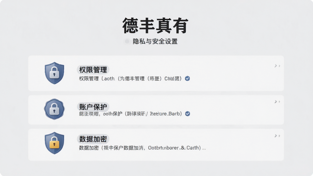 展示“德丰真有”隐私与安全设置页面,页面中包含权限管理、账户保护、数据加密等选项,图标为盾牌与锁形,背景为浅灰色,风格稳重,排版规整,高清画质,无多余元素