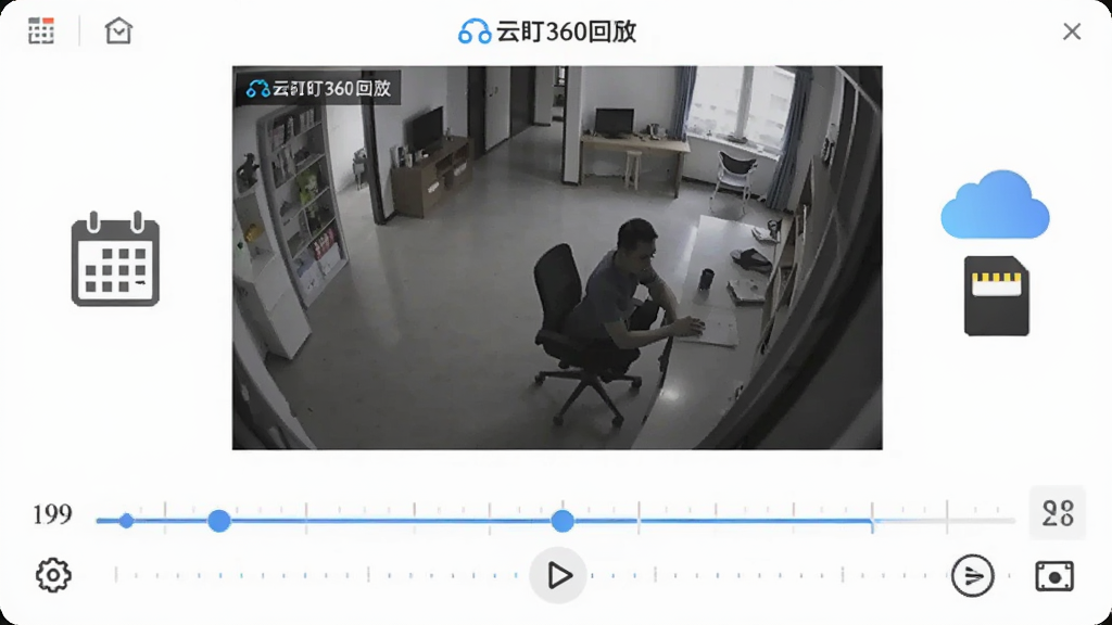 画面中心为云盯360回放界面,时间轴横贯画面下方,上方为监控画面定格在某一时刻,左侧有日历图标,右侧有云朵与存储卡图标并列,布局采用上下结构,风格为简洁UI展示风,细节包括时间刻度、播放按钮、截图工具图标,画质干净清晰无多余元素