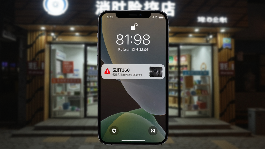 画面主体为手机锁屏界面弹出云盯360告警通知,背景为夜间商铺门口场景,布局采用中心突出手机、背景虚化的方式,风格为写实夜景风,细节包括红色告警图标、时间显示、摄像头夜视画面小窗,画质干净清晰无多余元素