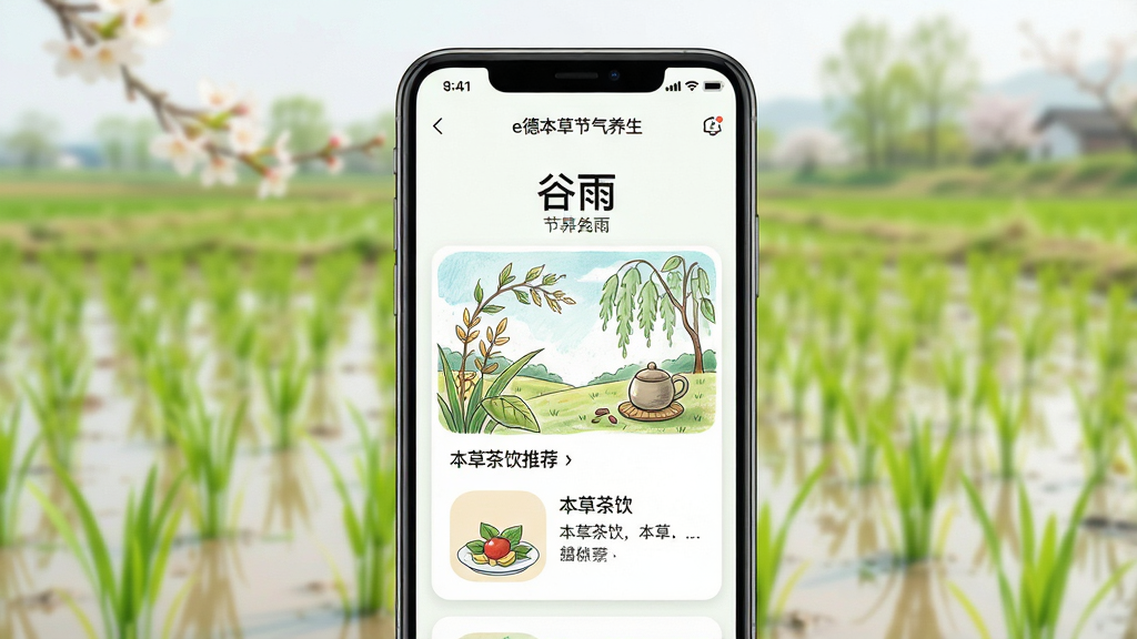 一幅展示e德本草节气养生页面的场景图,画面主体是一块竖屏手机,屏幕内显示“谷雨”节气的养生内容卡片,包含节气插画和本草茶饮推荐。手机背后是虚化的春日田野背景,构图采用前景清晰背景虚化布局,风格清新明快,细节上屏幕插画有手绘质感,田野中有嫩绿秧苗,画质高清,干净,无多余元素。