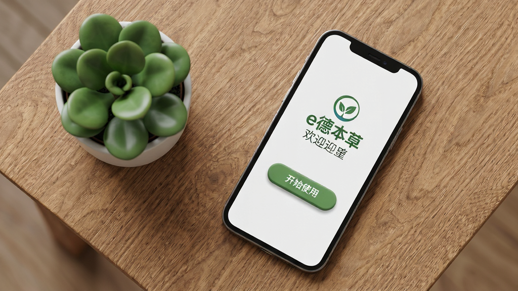 一幅展示e德本草安装完成后首次打开界面的场景图,画面主体是一部手机,屏幕内显示e德本草的欢迎页,包含品牌标识和“开始使用”按钮。手机放在木质桌面上,旁边有一盆小型绿植,构图采用俯视角度布局,风格简约现代,细节上屏幕按钮有轻微立体感,绿植叶片圆润,桌面木纹清晰,画质高清,干净,无多余元素。