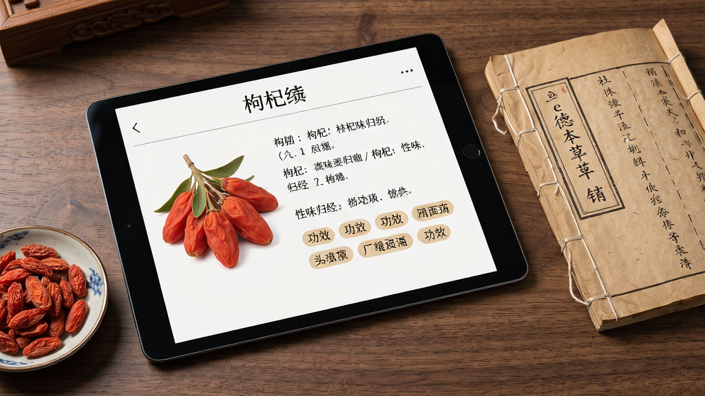 一幅展示e德本草药材详情页面的场景图,画面主体是一台横放的平板电脑,屏幕中显示药材“枸杞”的详情页,包含药材图片、性味归经文字说明和功效标签。平板旁边放着一小碟干枸杞和一本翻开的线装古籍,构图采用三分法布局,风格写实沉稳,细节上屏幕文字清晰可辨,枸杞颗粒饱满,古籍纸张有自然纹理,画质高清,干净,无多余元素。