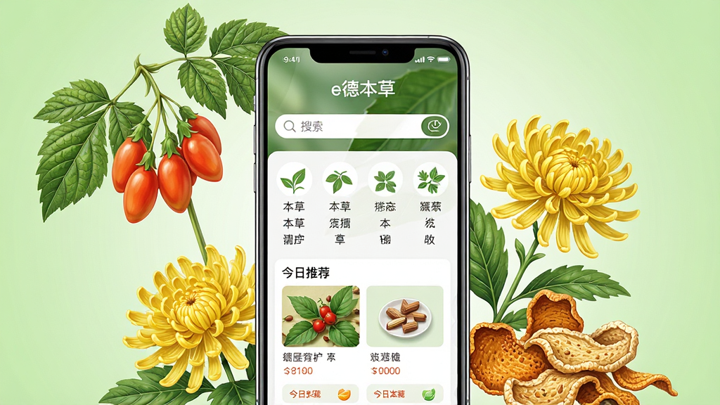 一幅展示手机屏幕中e德本草应用主界面的场景图,画面中央是一部竖屏智能手机,屏幕内显示e德本草的首页,包含本草分类图标、搜索栏和今日推荐卡片。手机周围环绕着几株写实风格的中草药植物,如枸杞、菊花、陈皮,构图采用中心对称布局,背景为浅绿色渐变,风格清新自然,细节上手机屏幕有轻微反光,植物叶脉清晰可见,画质高清,干净,无多余元素。