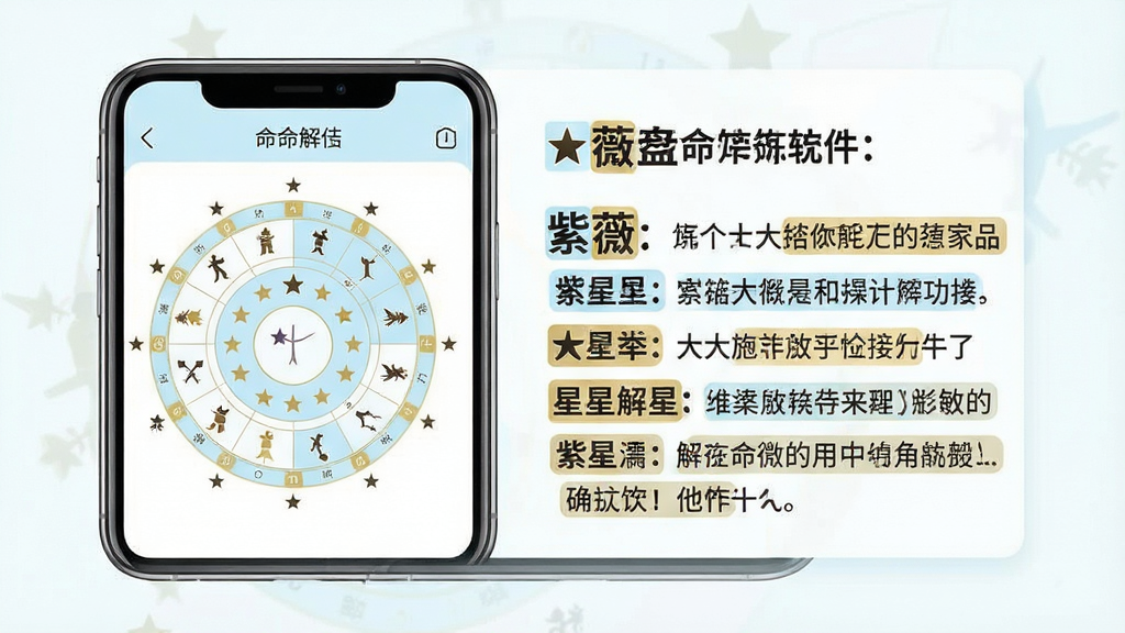 一幅展示紫薇排盘软件解读功能的图片。画面中央为一部手机,屏幕上显示着命盘与解读文字。布局上,左侧为命盘缩略图,右侧为详细的星曜解读文本,文字排版整齐。风格为清新明亮的扁平化设计,配色以白色、浅蓝与金色点缀为主。细节上,星曜名称以加粗字体突出,解读文字段落分明,重点内容有高亮标记。画质清晰,画面干净,无多余元素。